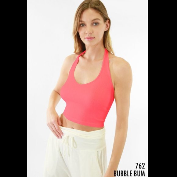 NEW Bubble Gum Pink Crop Halter with Ribbing - Picture 1 of 2